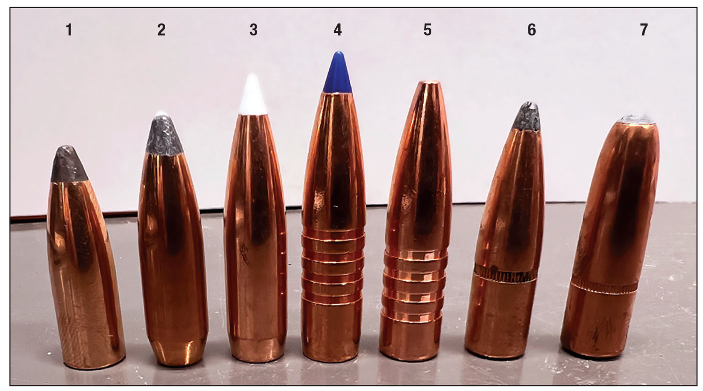 Bullets tested include: (1) Speer 200-grain spitzer softpoint, (2) Speer 225-grain softpoint BT, (3) Nosler 225-grain AccuBond, (4) Barnes 225-grain TTSX, (5) Barnes 225-grain TSX, (6) Hornady 225-grain InterLock SP-RP and (7) Hornady 250-grain InterLock RN.